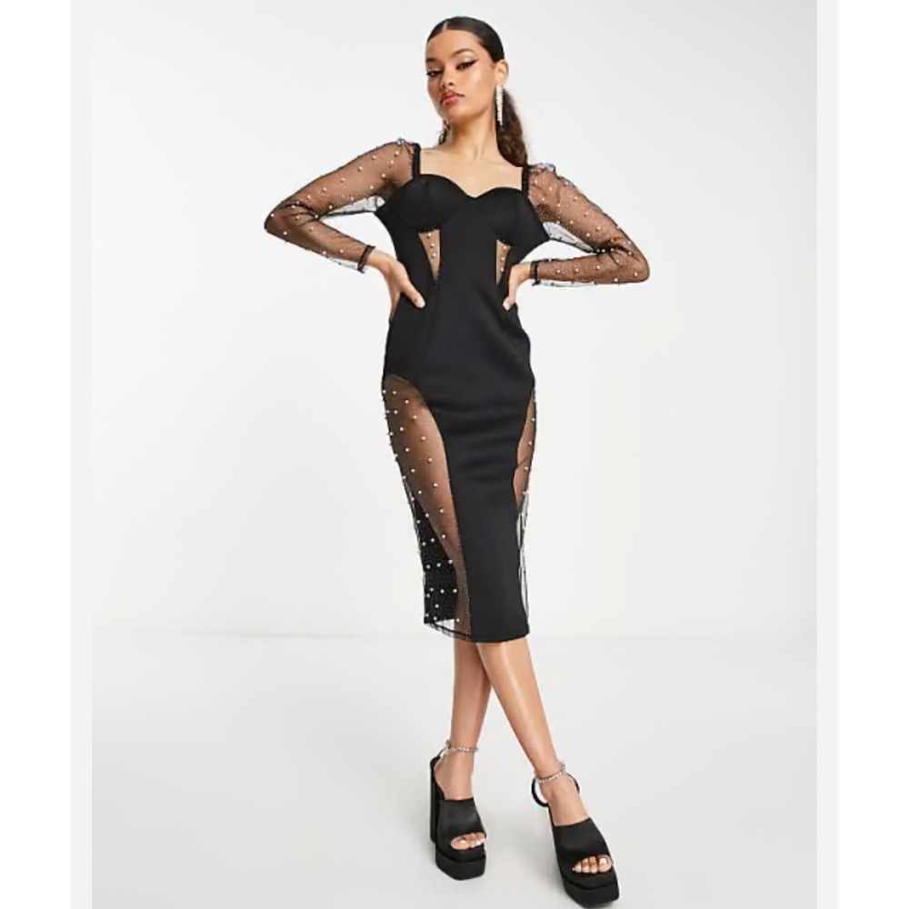 ASOS DESIGN Black‎ Beaded Sheer Sleeve Sweetheart Neck Midi Dress Size 14